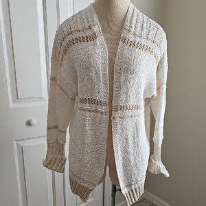 Elan: Open Mixed Stitch 100% Cotton Sweater In Size Meduim. Cream/white.o